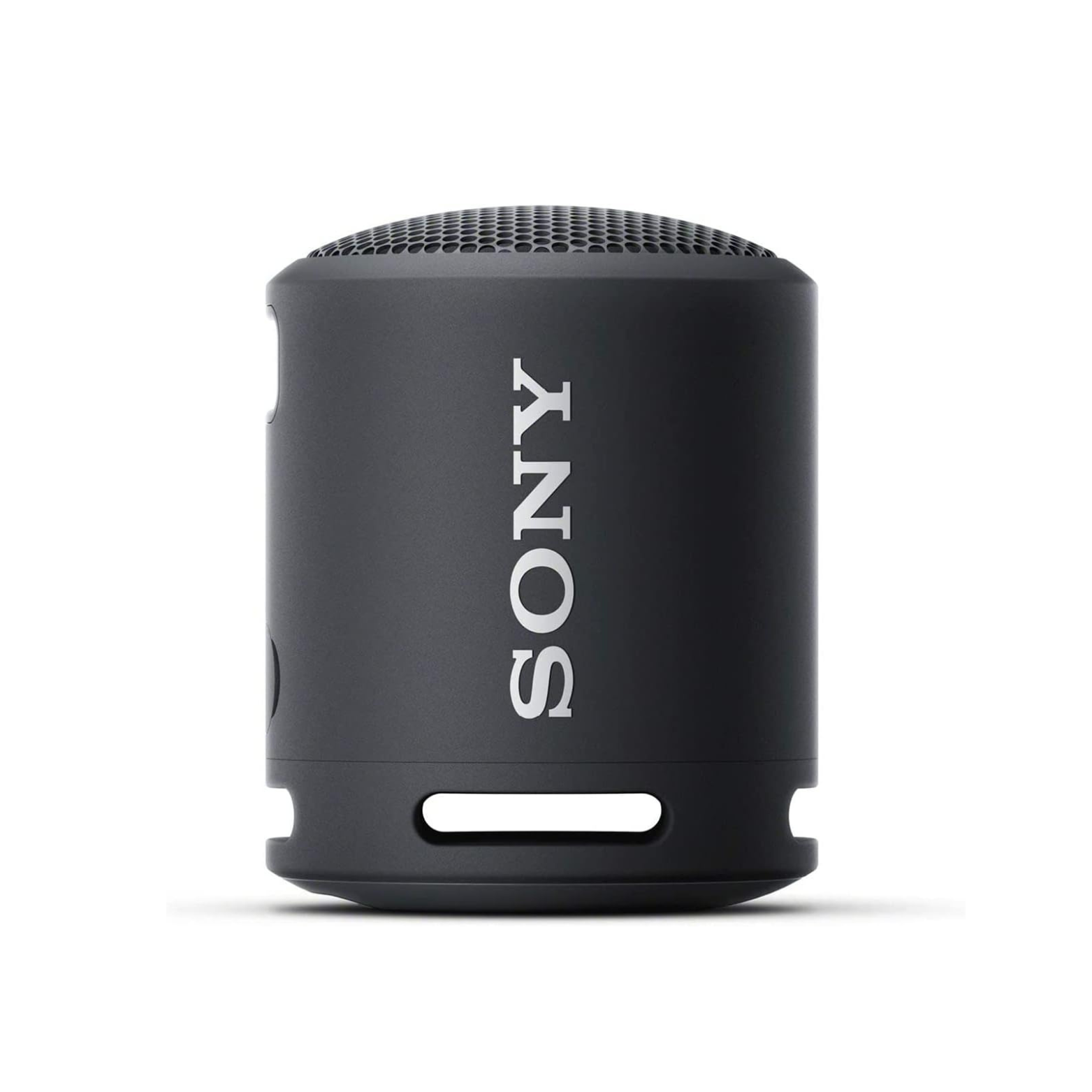 Black Sony portable speaker on a white background