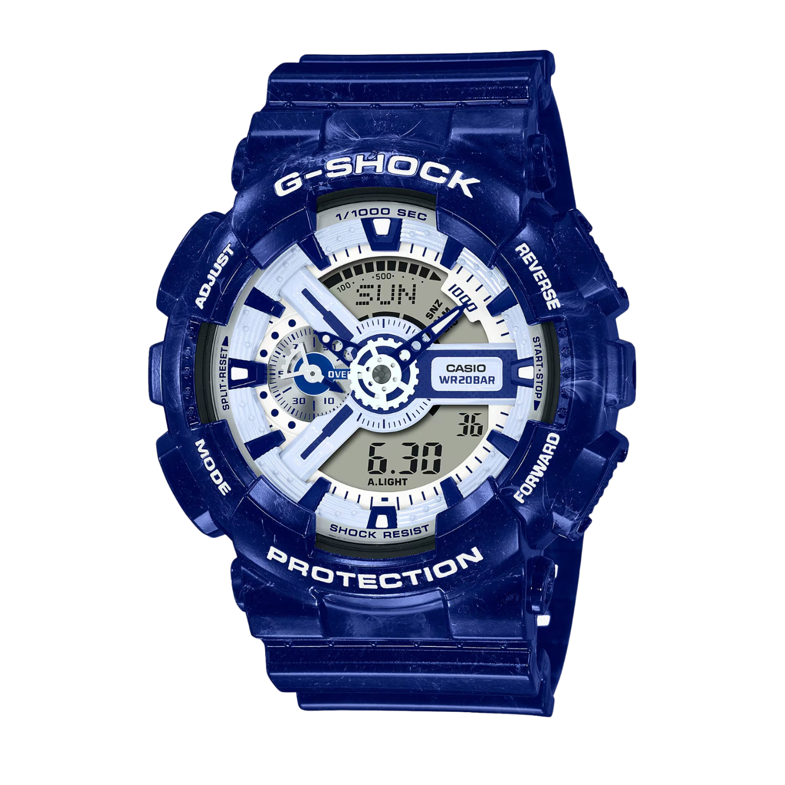 A blue Casio G-Shock watch with a digital display and resin band.