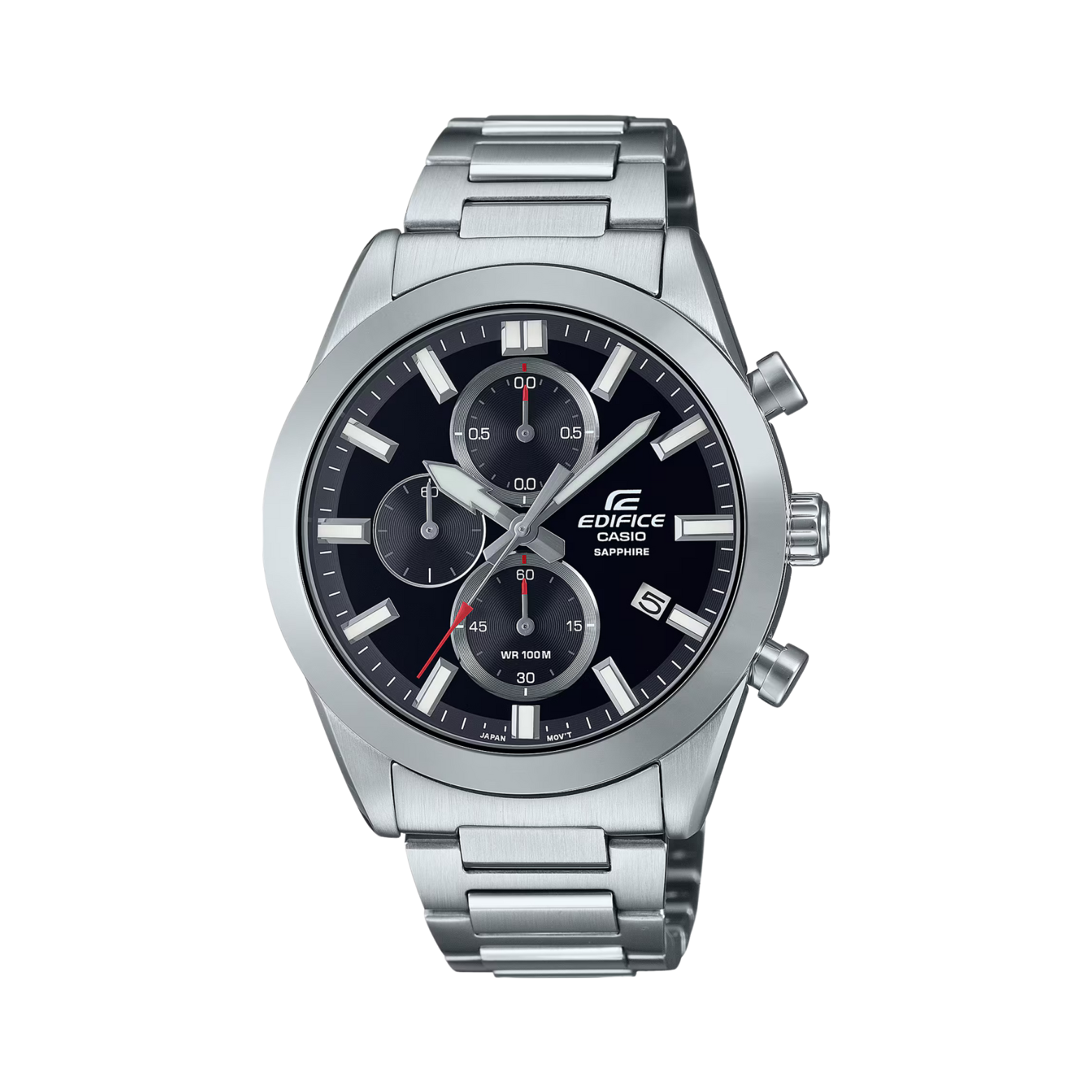 A Casio Edifice analog watch with a black dial, stainless steel band, and chronograph features.