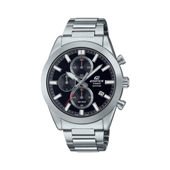 A Casio Edifice analog watch with a black dial, stainless steel band, and chronograph features.