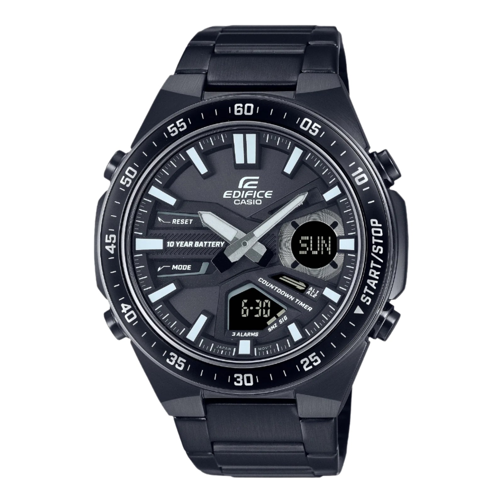 A black CASIO EDIFICE analog-digital watch with a black band and ion-plated case.