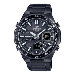 A black CASIO EDIFICE analog-digital watch with a black band and ion-plated case.