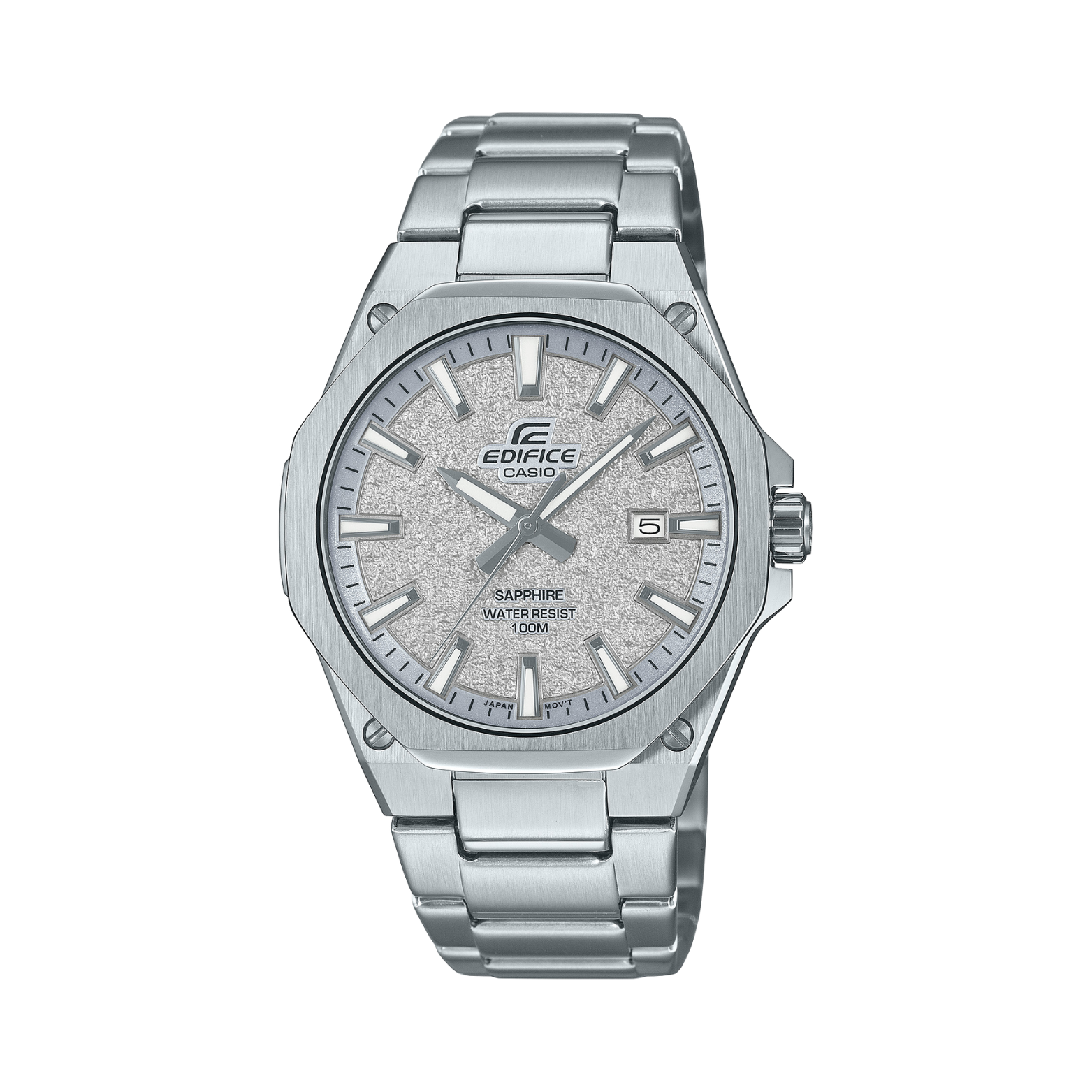 Silver Casio Edifice watch on a white background