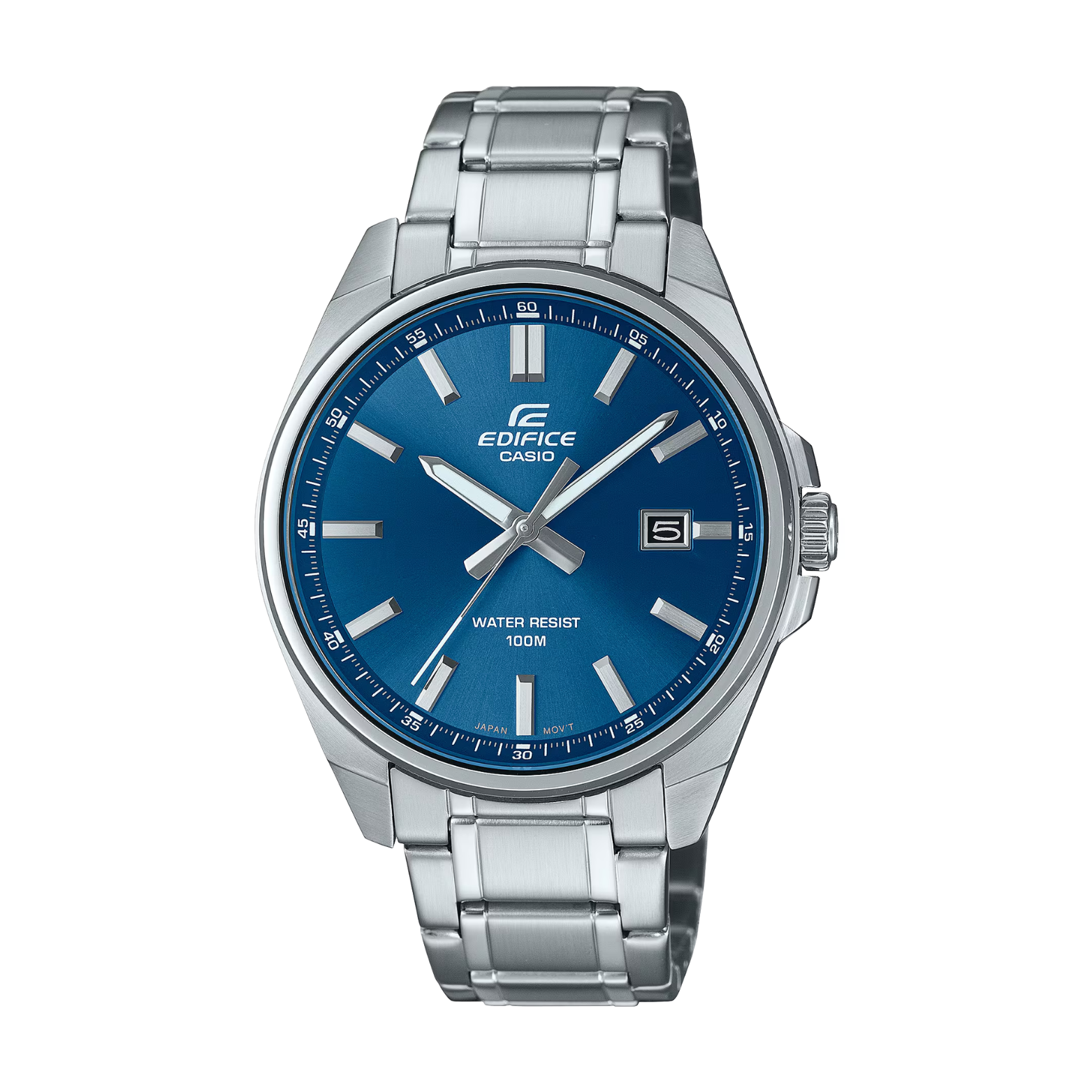 Casio Edifice watch with blue dial and silver metal strap on a white background