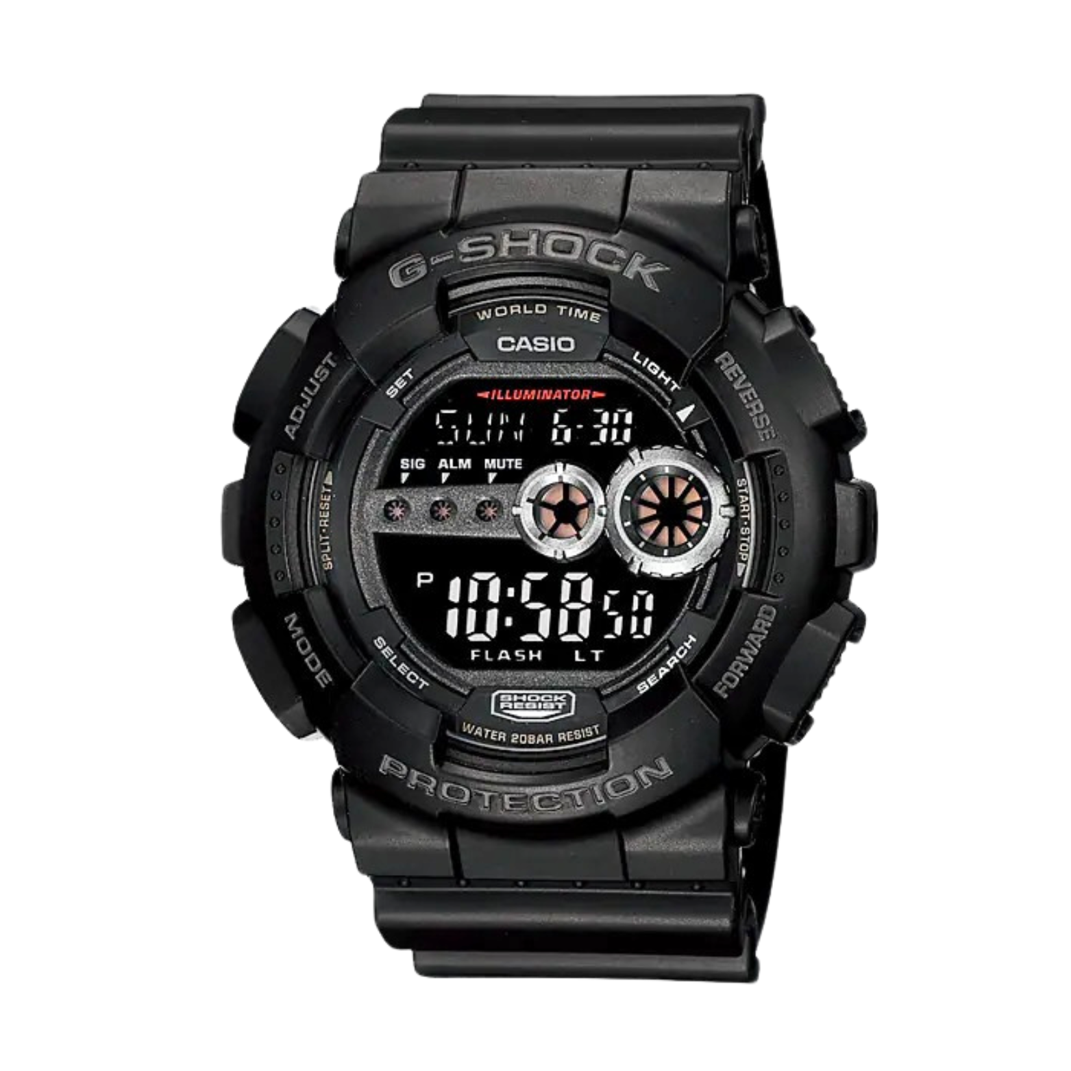 A black CASIO G-SHOCK analog-digital watch with a resin band and digital display showing time, date, and various watch features.