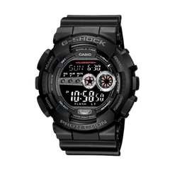 A black CASIO G-SHOCK analog-digital watch with a resin band and digital display showing time, date, and various watch features.