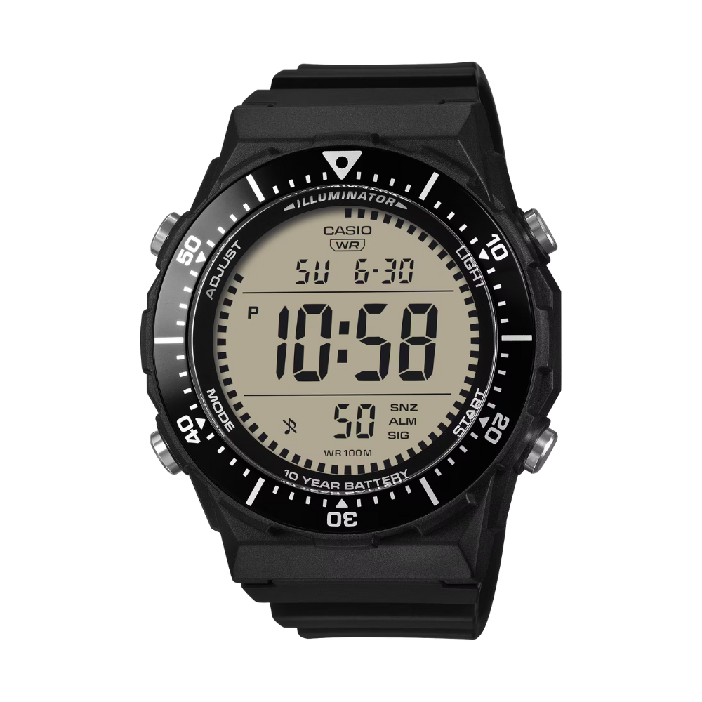 Black Casio digital watch on a white background