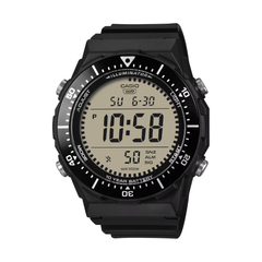 Black Casio digital watch on a white background