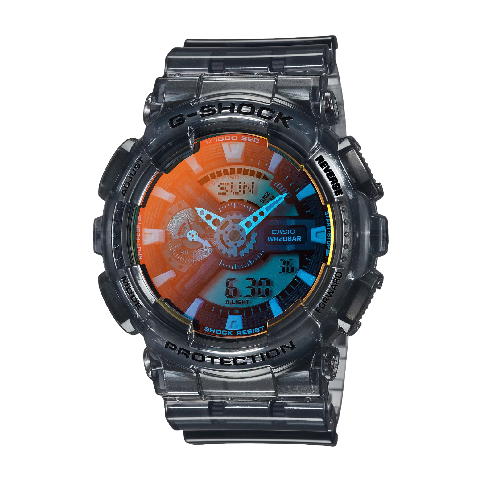 A Casio G-Shock analog-digital watch with a black resin band and case, featuring a colorful dial with orange, blue, and black elements.
