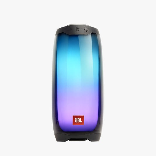 A JBL Pulse 4 Bluetooth speaker with a colorful LED light show displayed from the front.