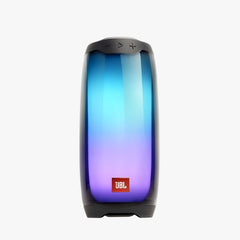 A JBL Pulse 4 Bluetooth speaker with a colorful LED light show displayed from the front.