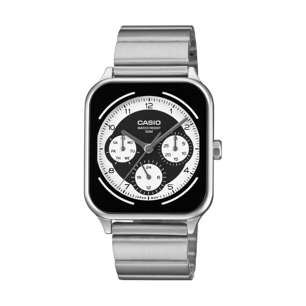 Casio watch with silver band and black face on a white background
