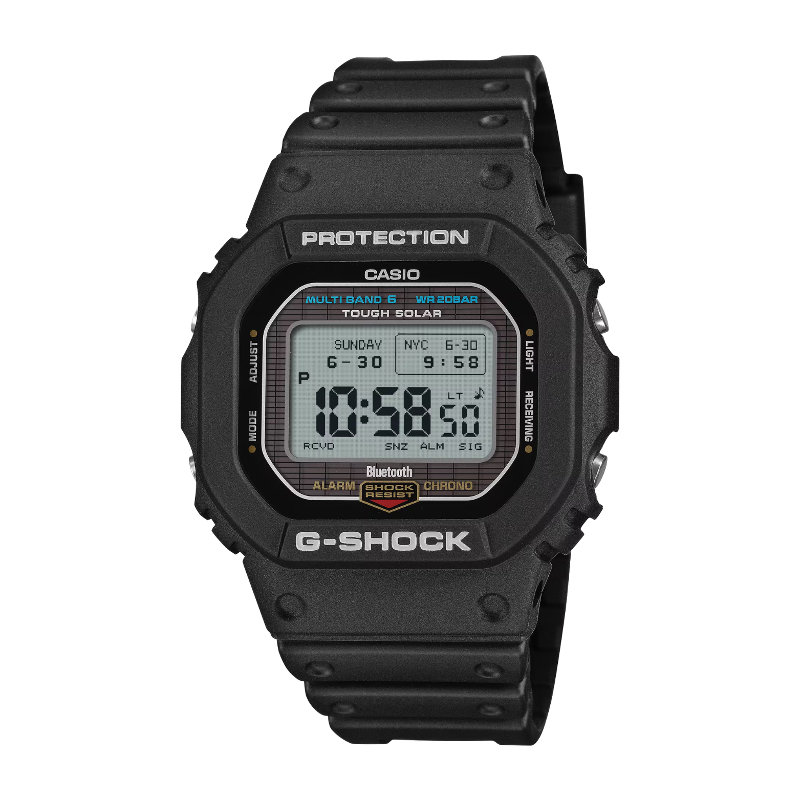 Black Casio G-Shock digital watch on a white background