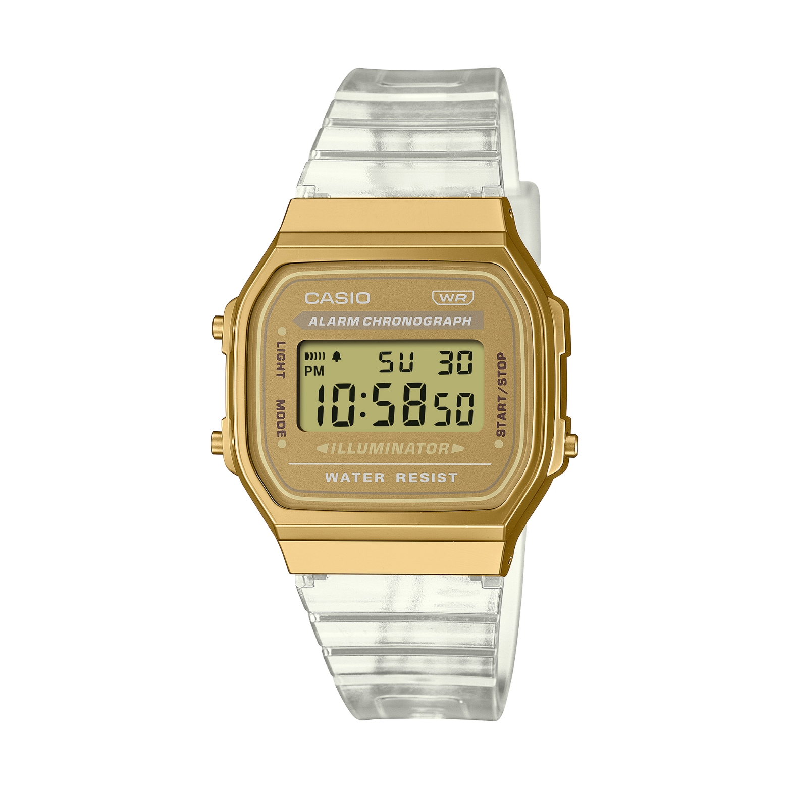 Gold Casio digital watch with a clear strap on a white background