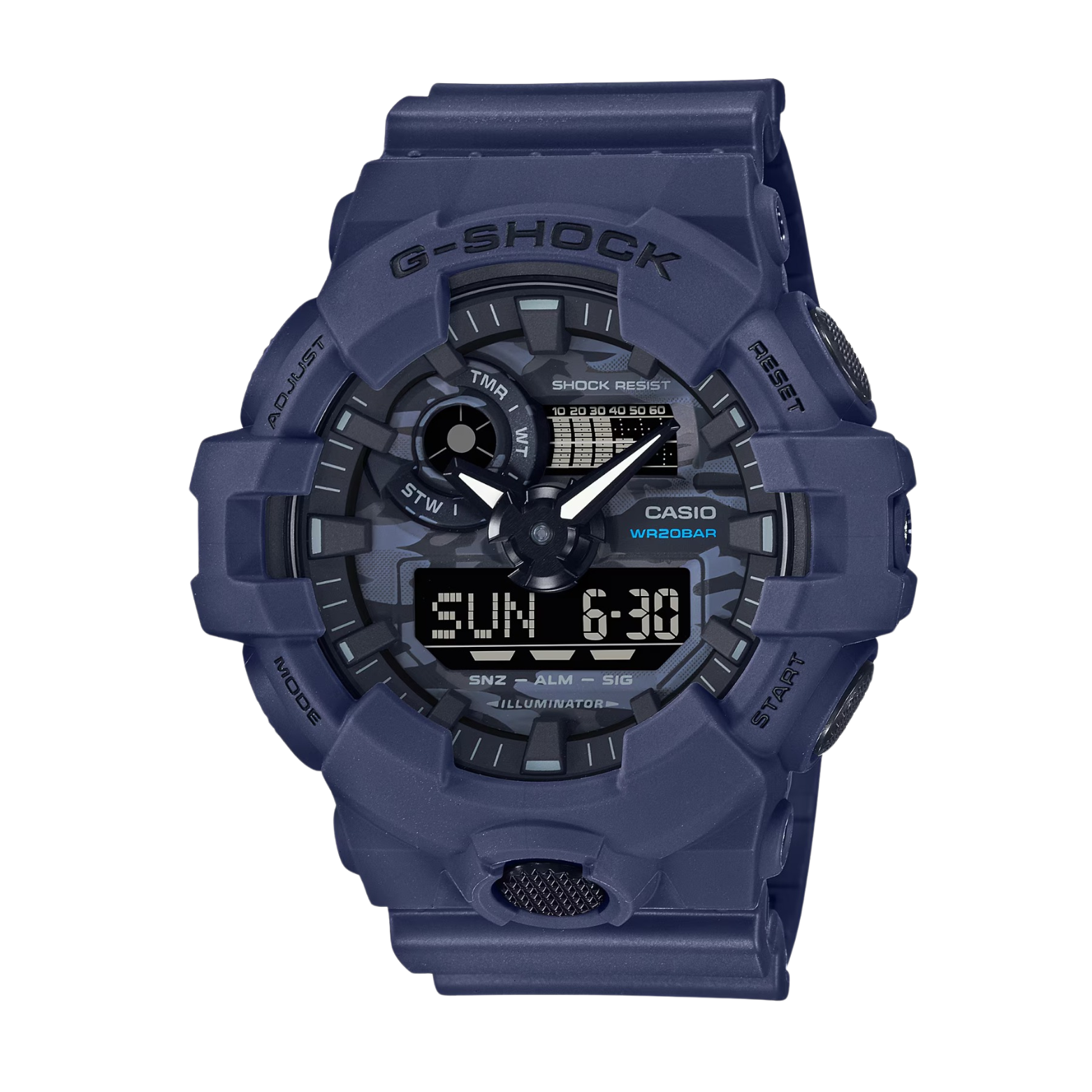 A blue CASIO G-SHOCK analog-digital watch with a resin band and digital display features visible.