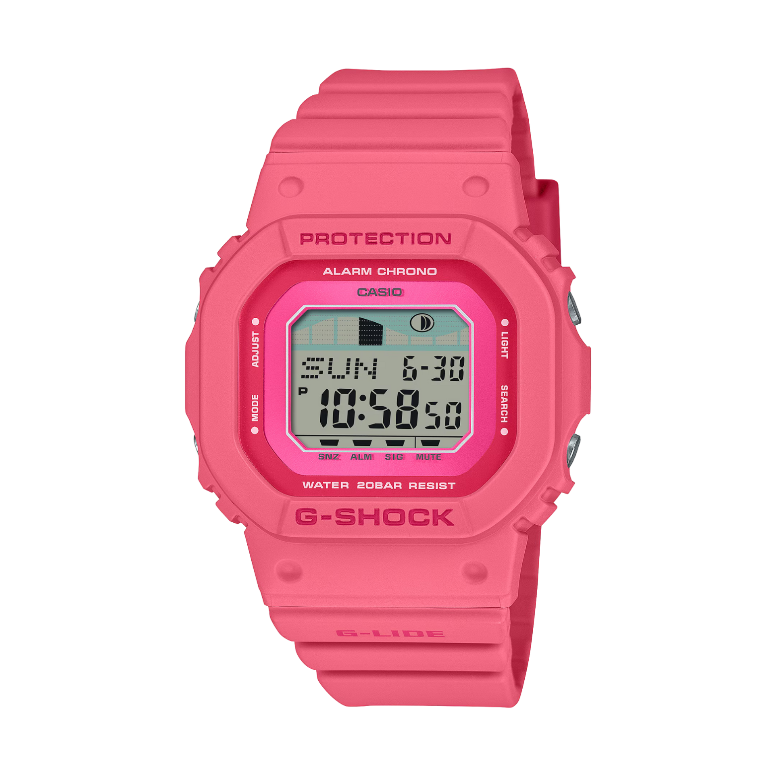 Pink Casio G-Shock digital watch on a white background