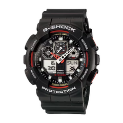 A black CASIO G-SHOCK GA-100-1A4NDR watch with a resin band and digital display showing time, date, and various watch features.