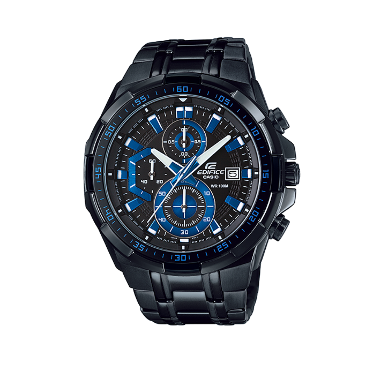 A black CASIO EDIFICE analog watch with a black dial and blue accents, showing time and date.