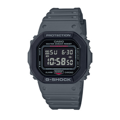 A digital CASIO G-SHOCK watch with a black case and band, displaying a digital screen showing time and various watch features.