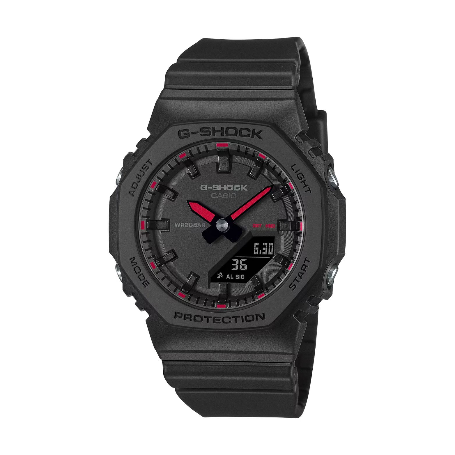 Black G-Shock watch with red accents on a white background