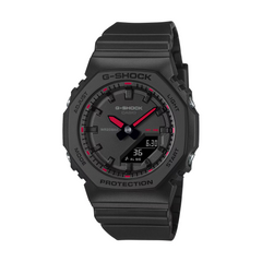 Black G-Shock watch with red accents on a white background