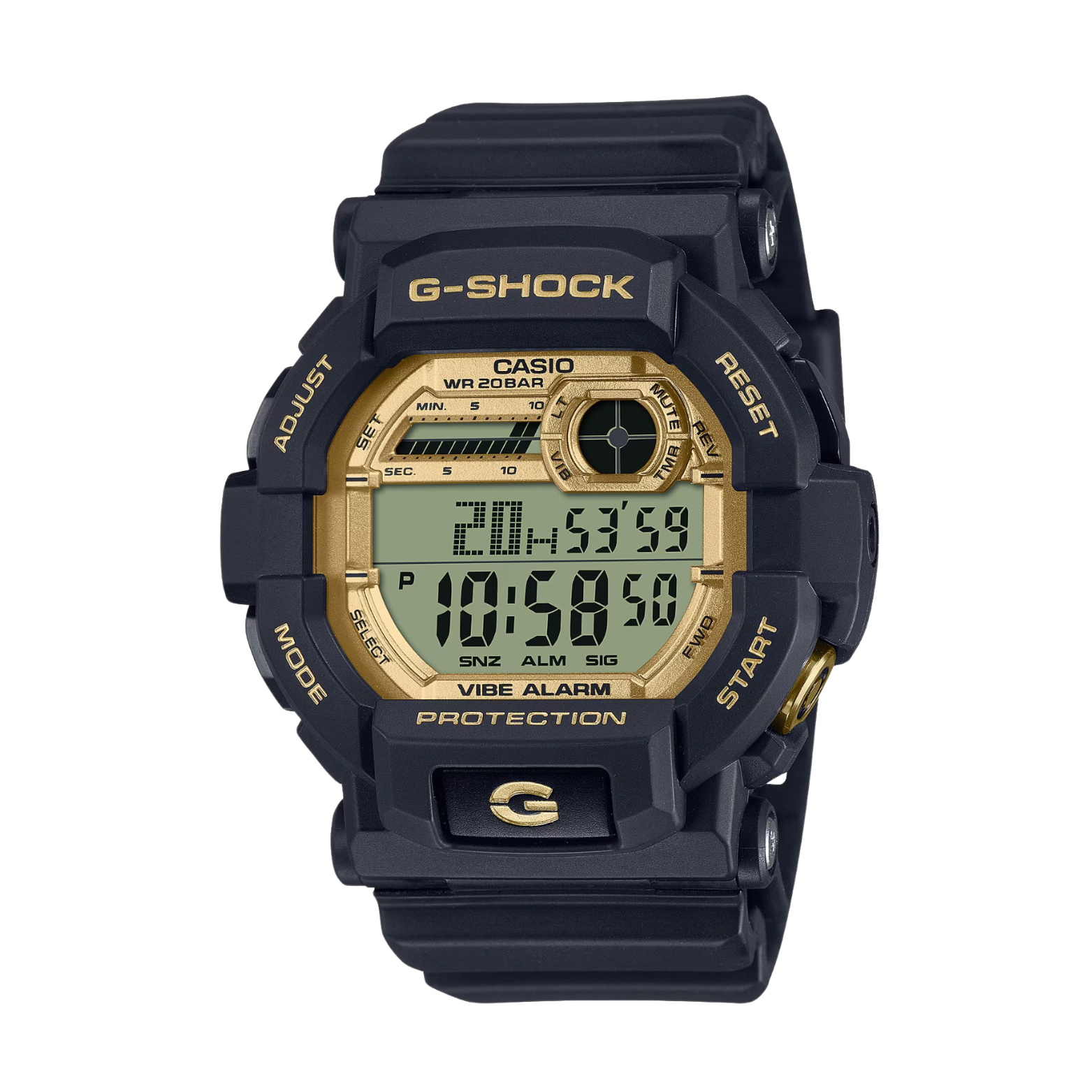 A black and gold CASIO G-SHOCK digital watch with a resin band and a digital display.