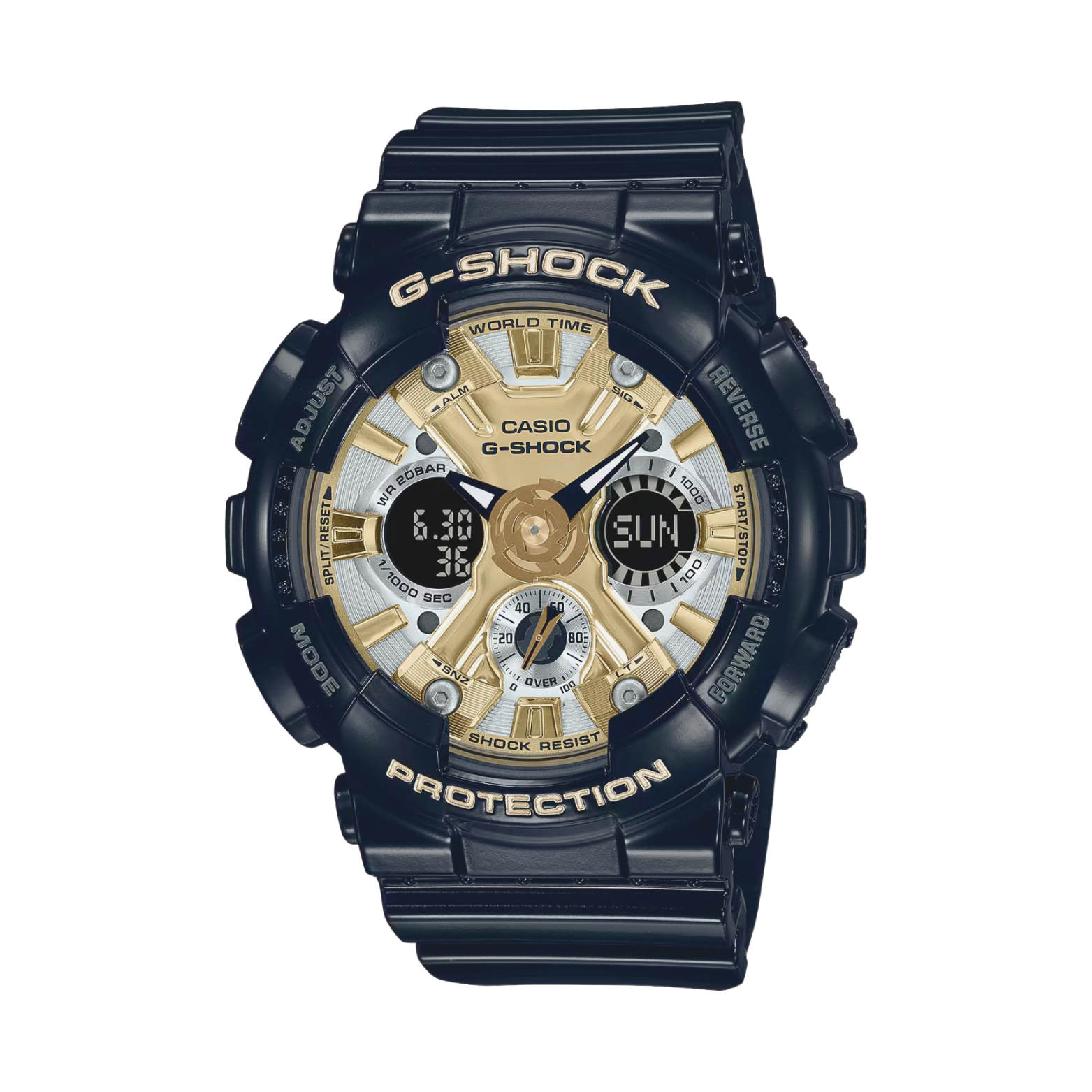 A Casio G-Shock watch with a black band and casing, featuring a gold-colored dial with multiple subdials and the G-Shock logo.