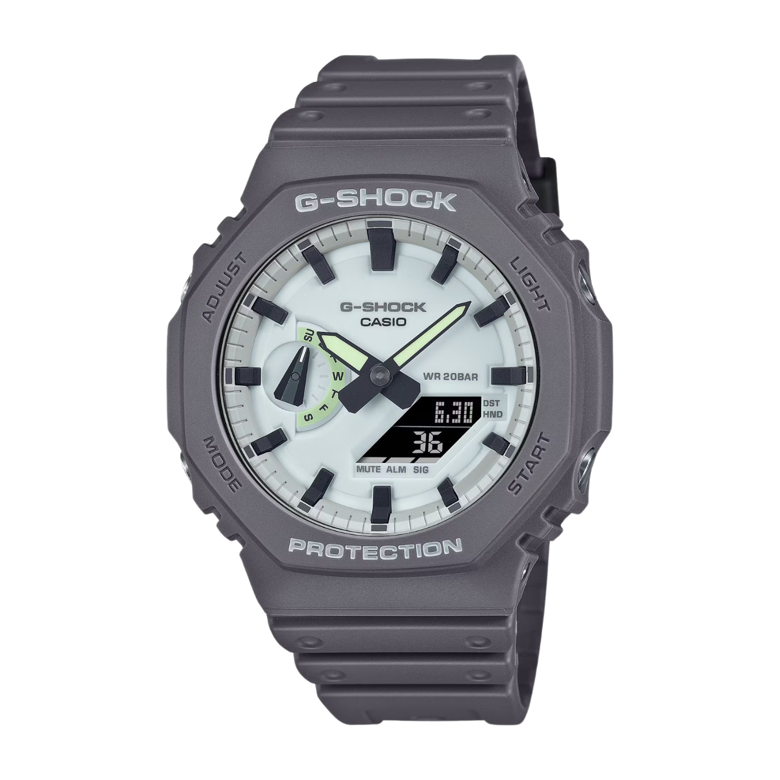 A CASIO G-SHOCK watch with a gray case and bezel, and a white dial with green accents.