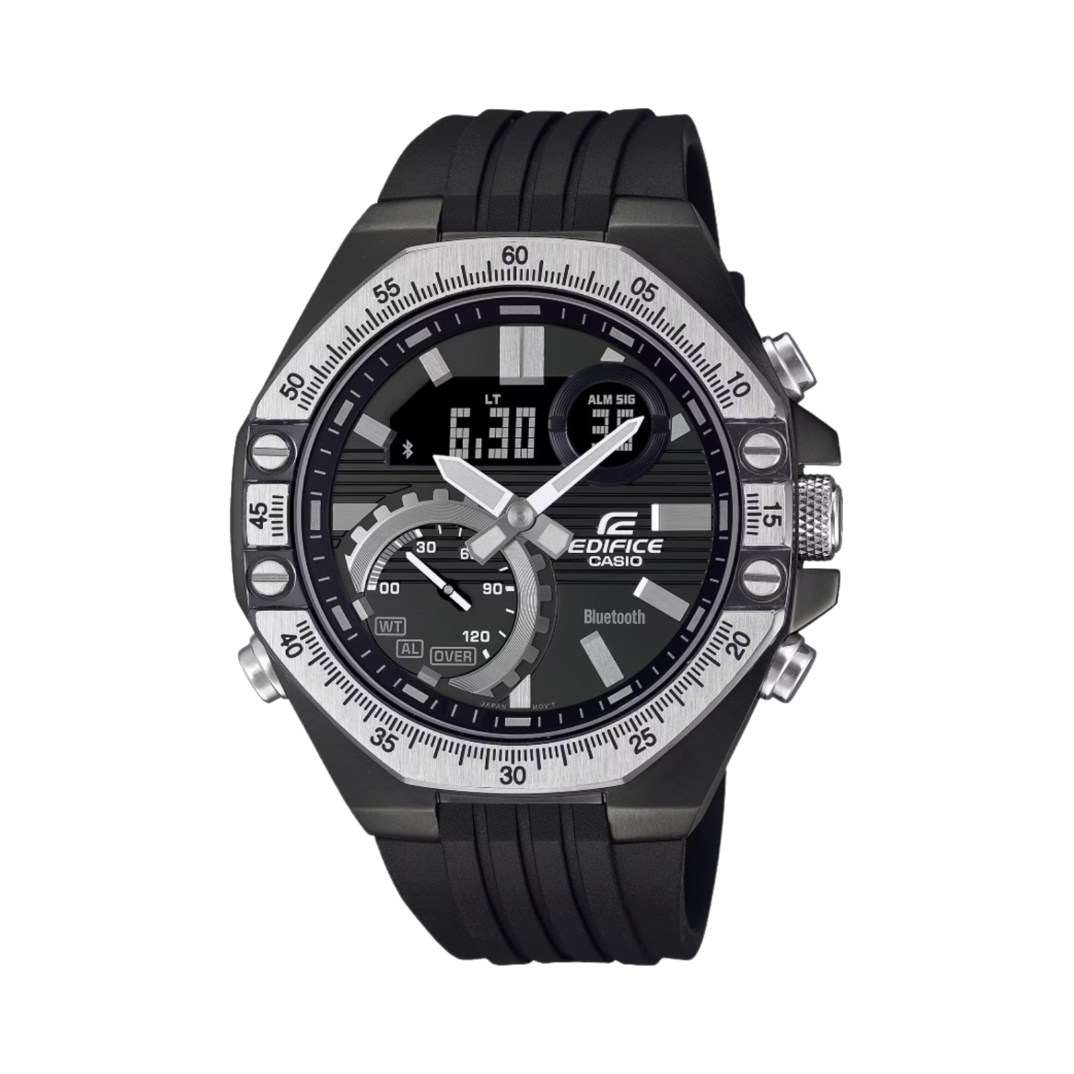 A black CASIO EDIFICE analog-digital watch with a black band, black case, and a digital display.