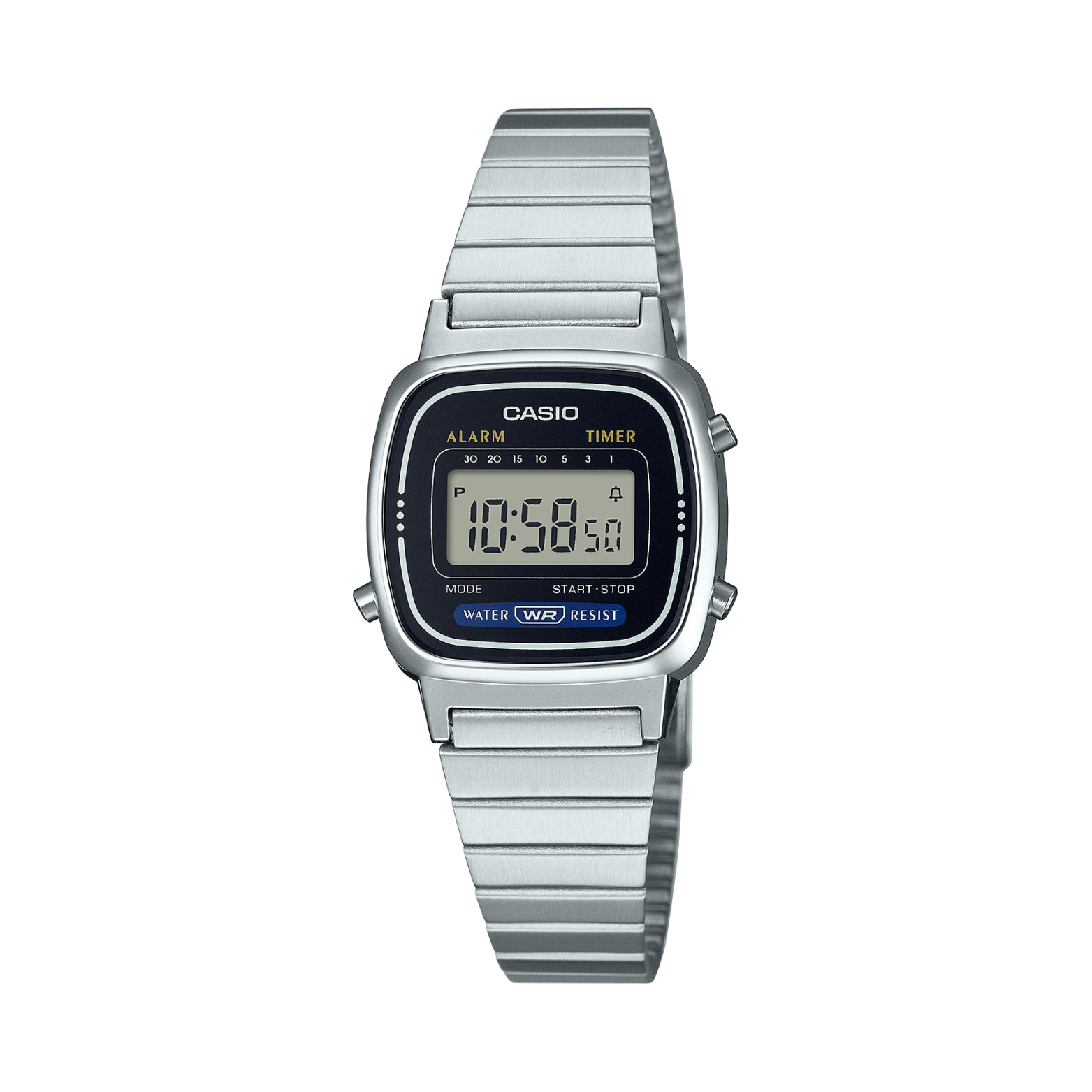 Silver Casio digital watch on a white background