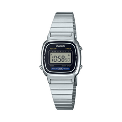 Silver Casio digital watch on a white background