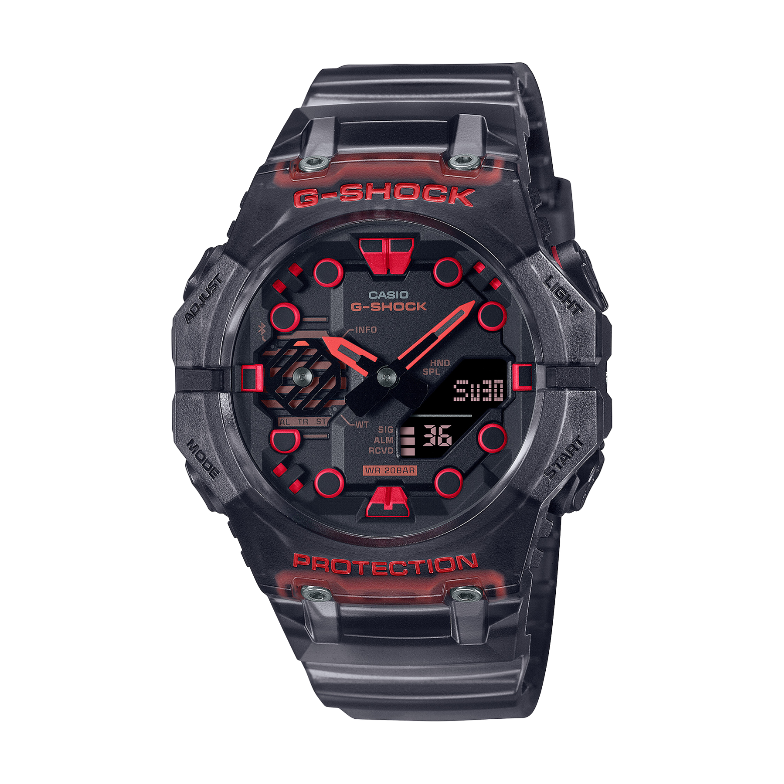 A black CASIO G-SHOCK watch with a carbon case and a red LED display.