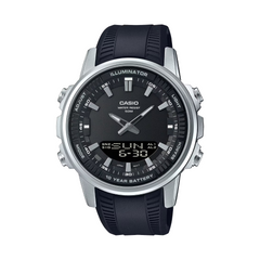 Casio watch with black strap and black dial on a white background