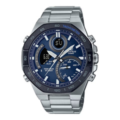 A Casio Edifice ECB-950DB-2ADF watch with a stainless steel band and a black ion plated bezel featuring a tachymeter, displayed on a white background.