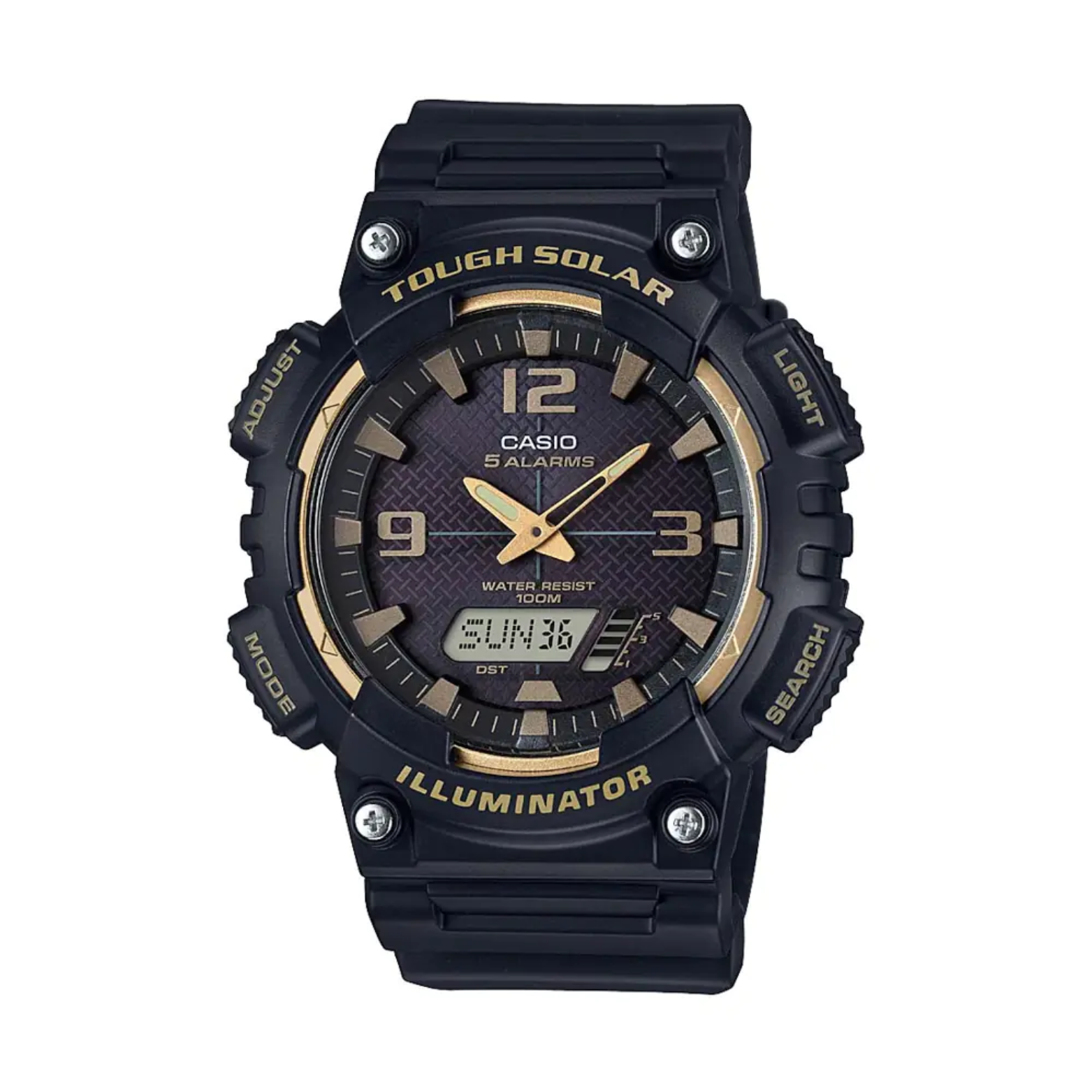 Black and gold Casio watch on a white background