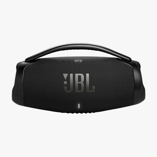 A black JBL Boombox 3 Wi-Fi portable Bluetooth speaker with a handle and the JBL logo visible on the front.