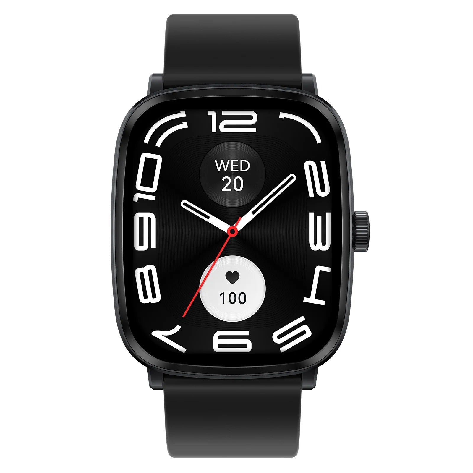 Black smartwatch with a round display on a white background