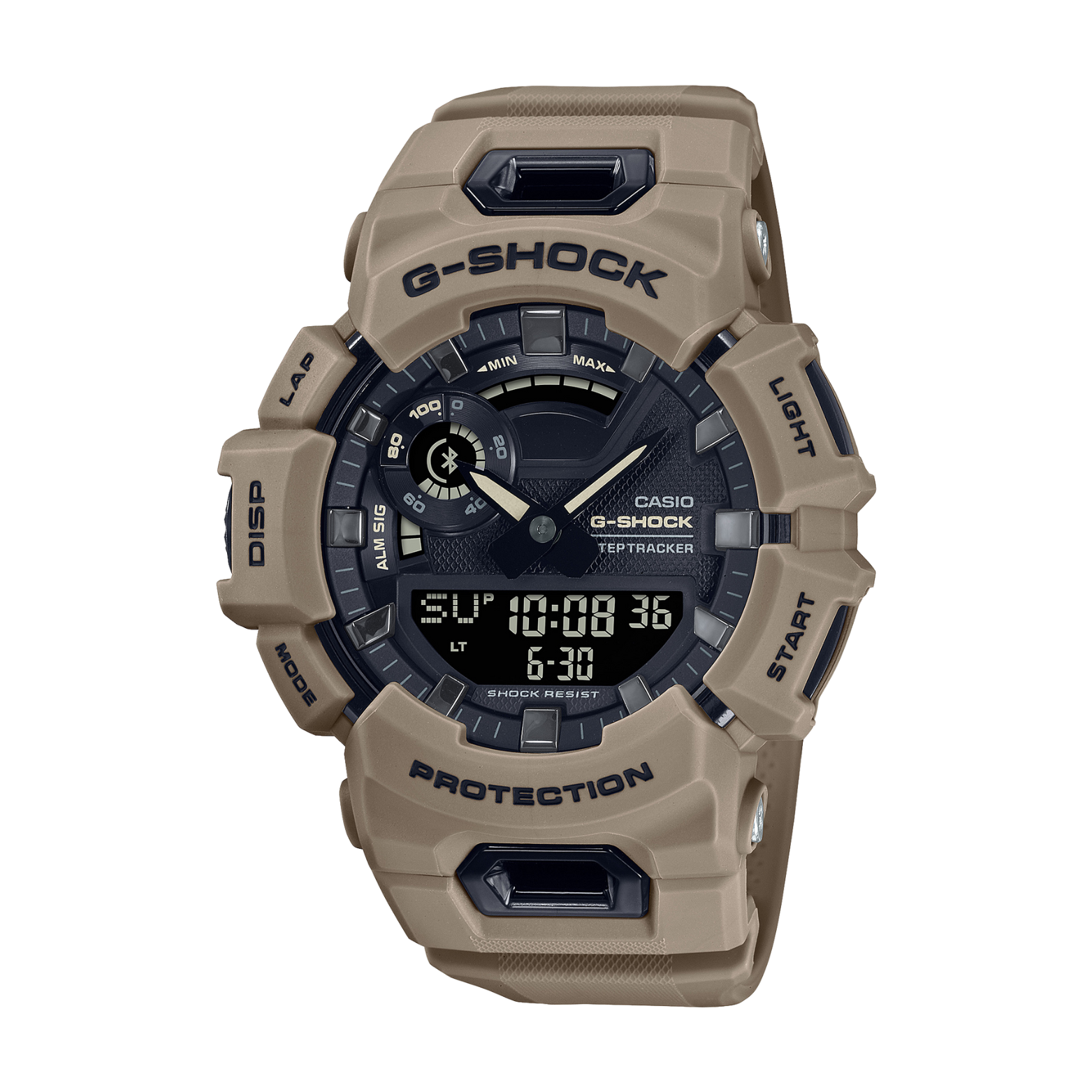 A Casio G-Shock watch with a beige resin band and case, digital display showing time and various watch features, and mineral glass.