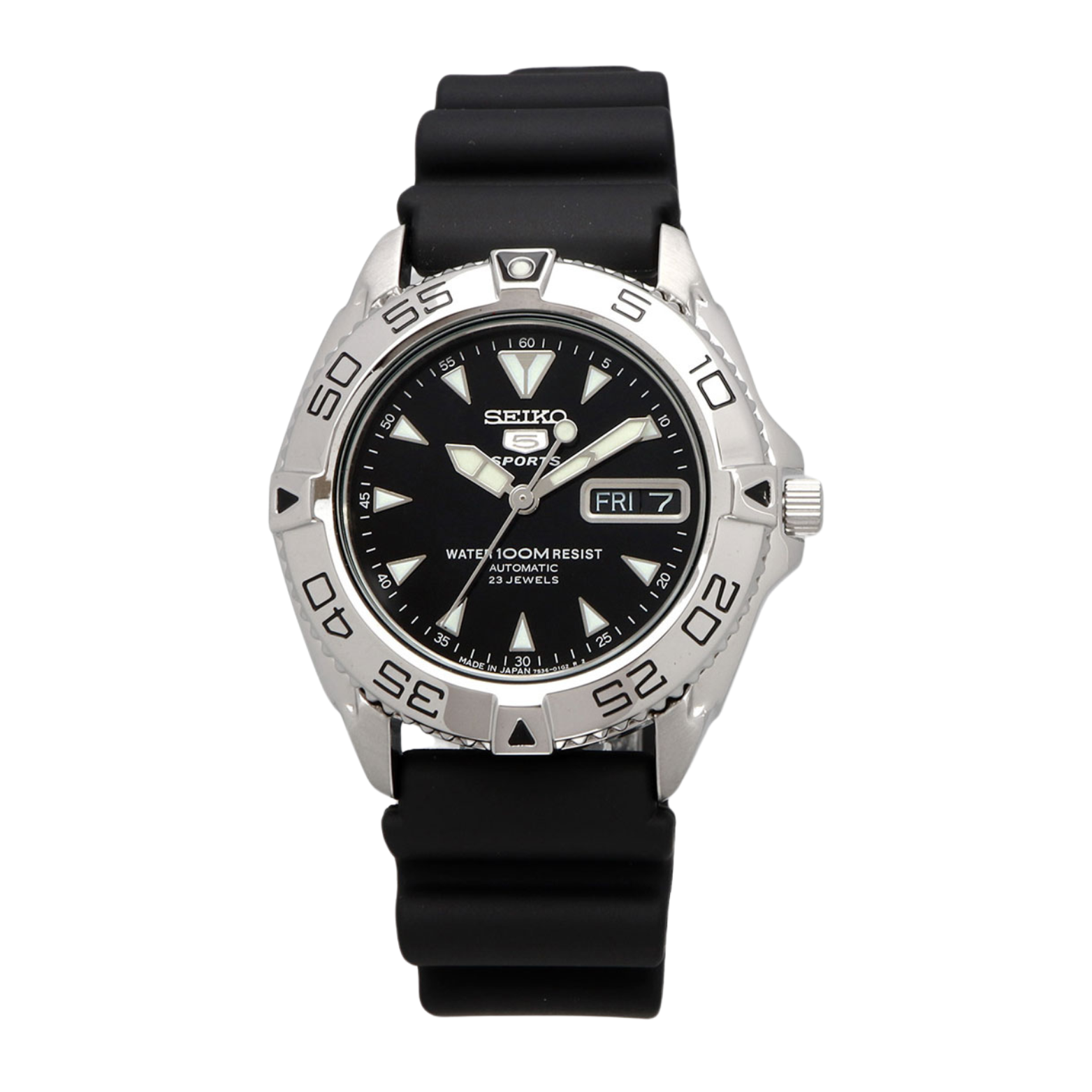 A Seiko 5 Sports watch with a black dial, silver-tone case, and black rubber band.