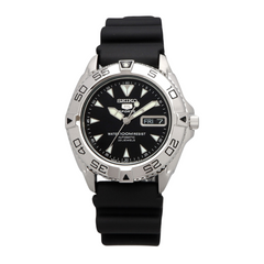 A Seiko 5 Sports watch with a black dial, silver-tone case, and black rubber band.