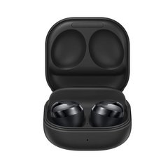 Black wireless earbuds in an open case on a white background