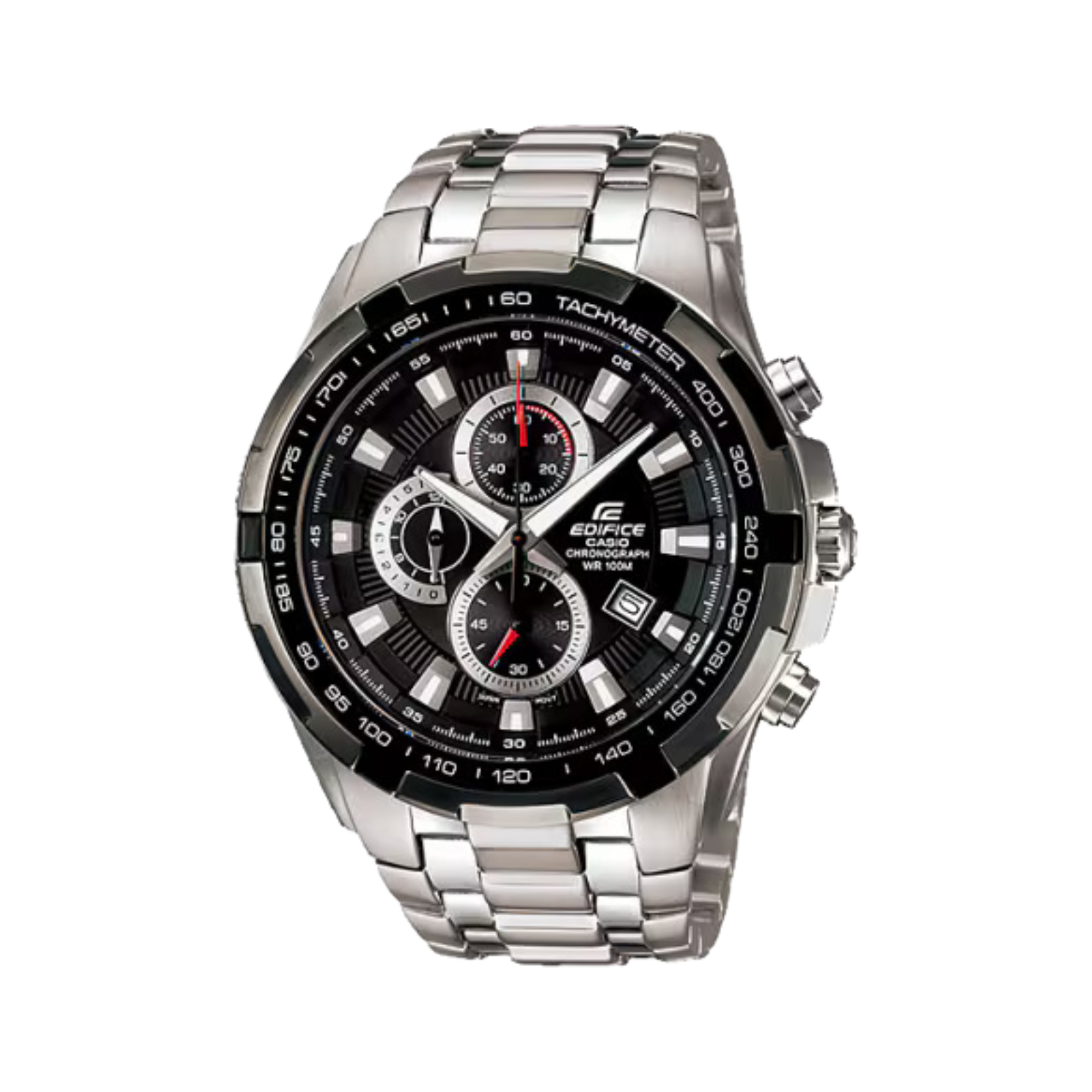 A Casio Edifice EF-539D-1AVUDF watch with a stainless steel band and a black dial featuring a tachymeter, stopwatch functions, and a date display.