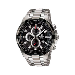 A Casio Edifice EF-539D-1AVUDF watch with a stainless steel band and a black dial featuring a tachymeter, stopwatch functions, and a date display.