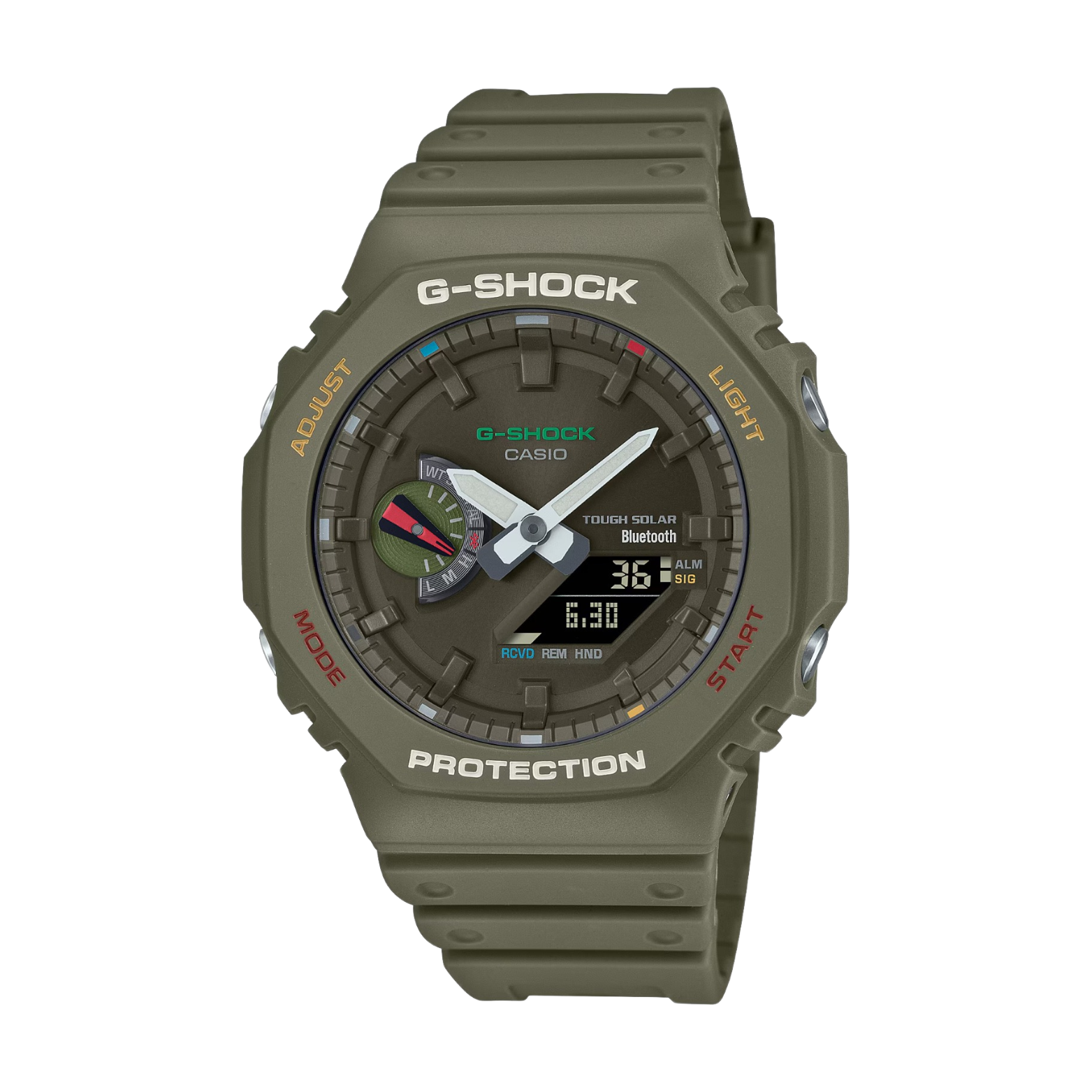 A green CASIO G-SHOCK watch with a digital display and analog hands, featuring a carbon case and resin band.