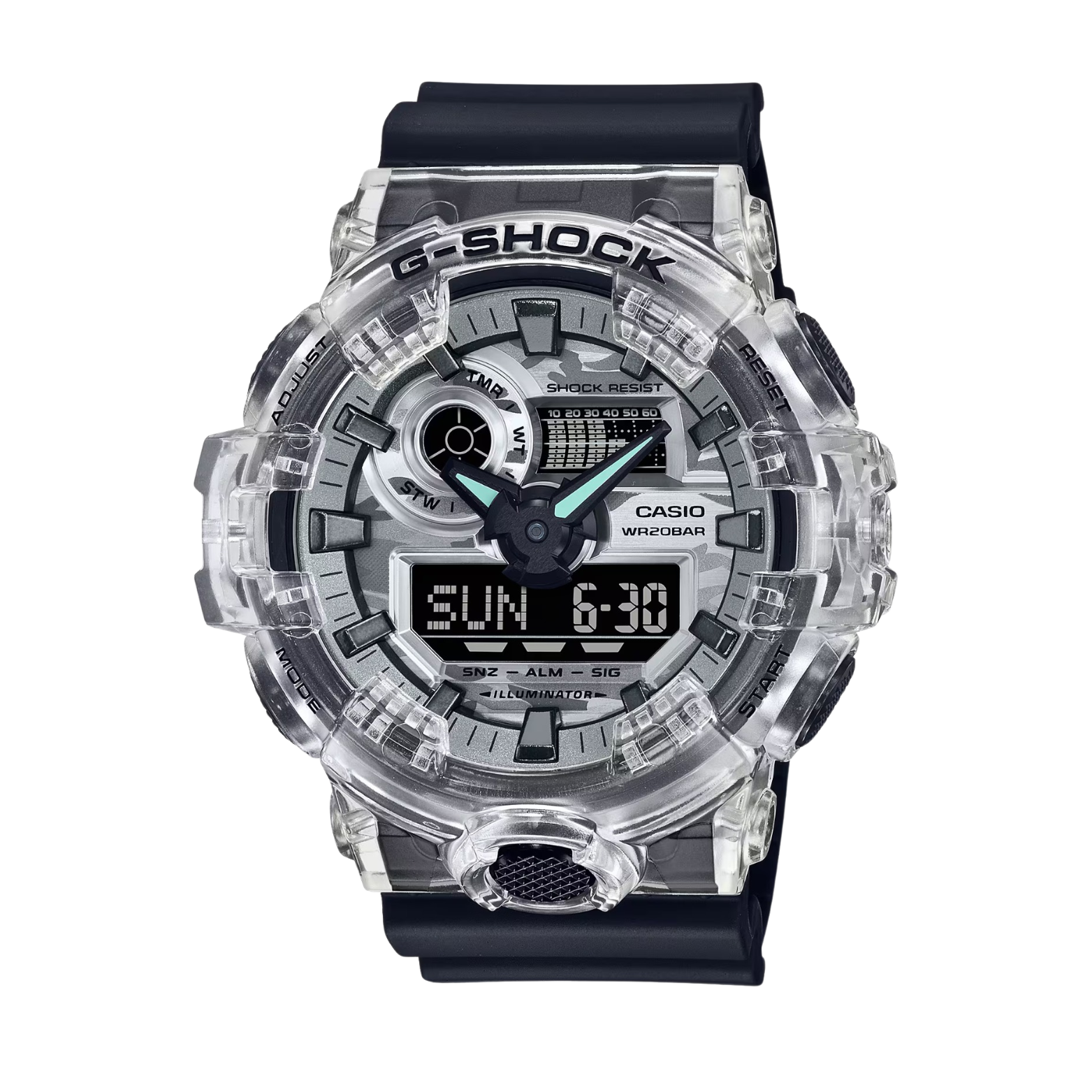 A CASIO G-SHOCK watch with a clear resin band and a digital display showing time and various watch features.