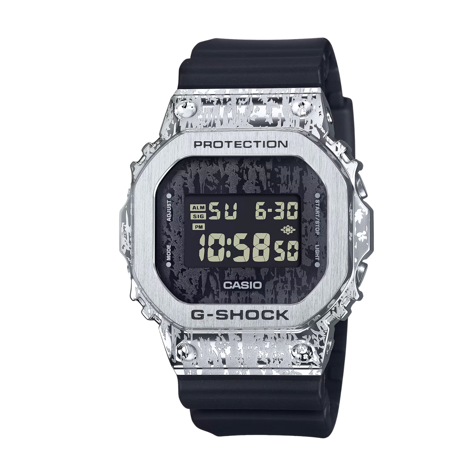 A CASIO G-SHOCK watch with a black band and silver-colored case, displaying digital information on its screen.