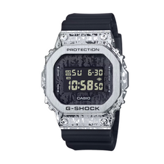 A CASIO G-SHOCK watch with a black band and silver-colored case, displaying digital information on its screen.