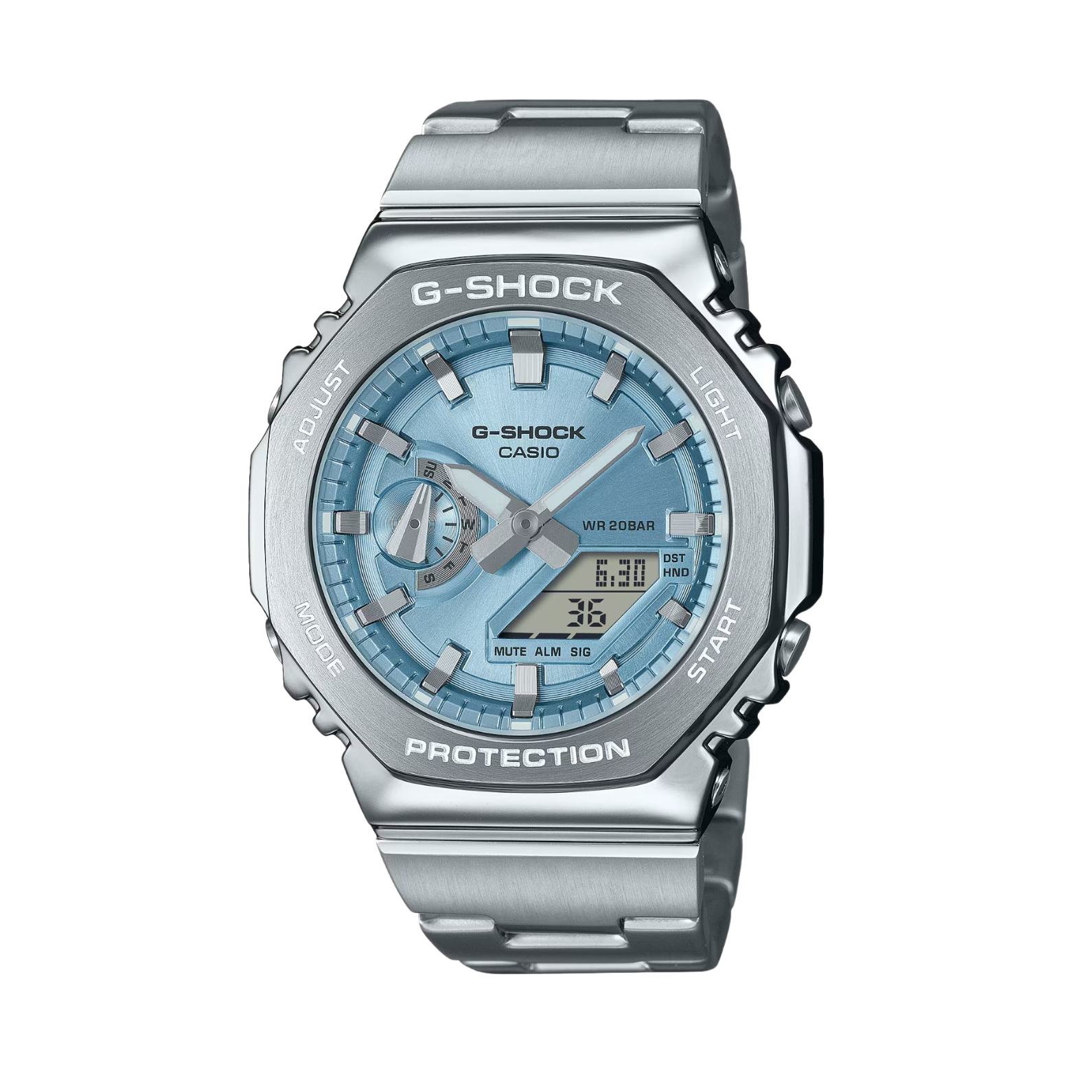 A Casio G-Shock watch with a blue dial, silver band, and stainless steel case.