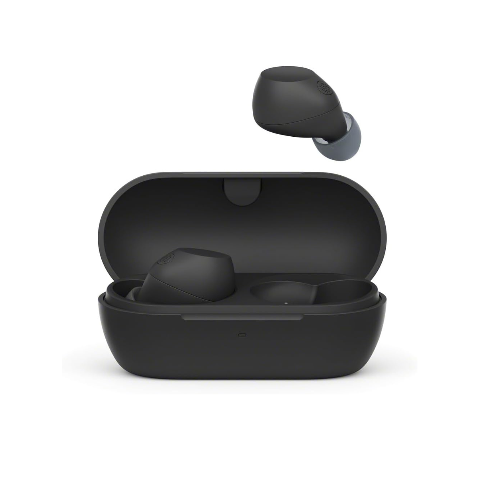 Black wireless earbuds in an open charging case on a white background