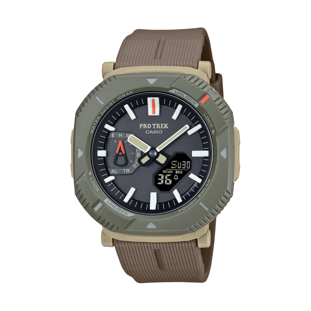 Casio Pro Trek watch with brown strap on a white background